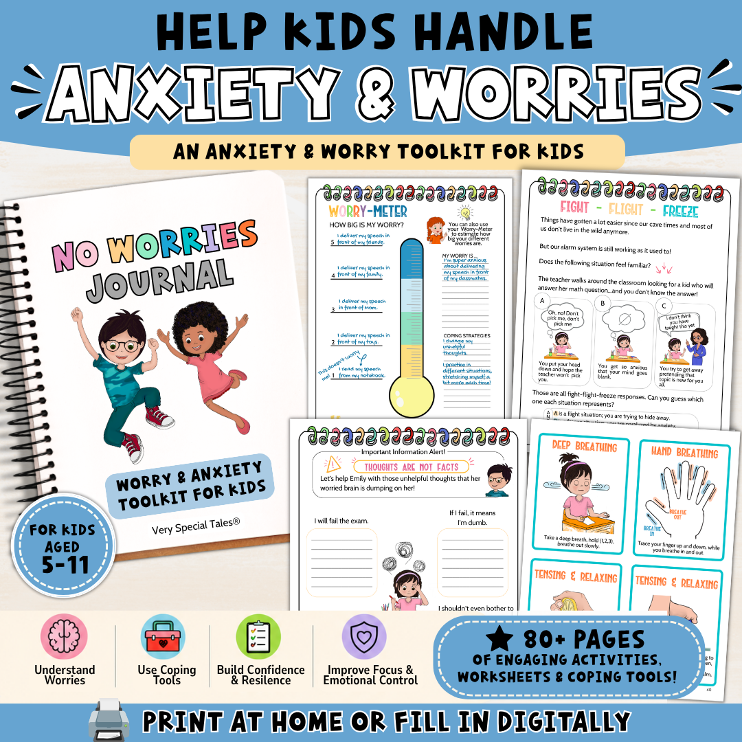 Anxiety & Worry Workbook for Kids shop listing featuring a printable anxiety toolkit with over 80 pages of activities and worksheets. The image shows the workbook cover alongside sample pages, including a worry thermometer, worry box, thoughts are not facts worksheet, and star breathing exercise. Icons highlight learning goals such as understanding worries, building coping skills, confidence, and emotional regulation for children ages 5–11.