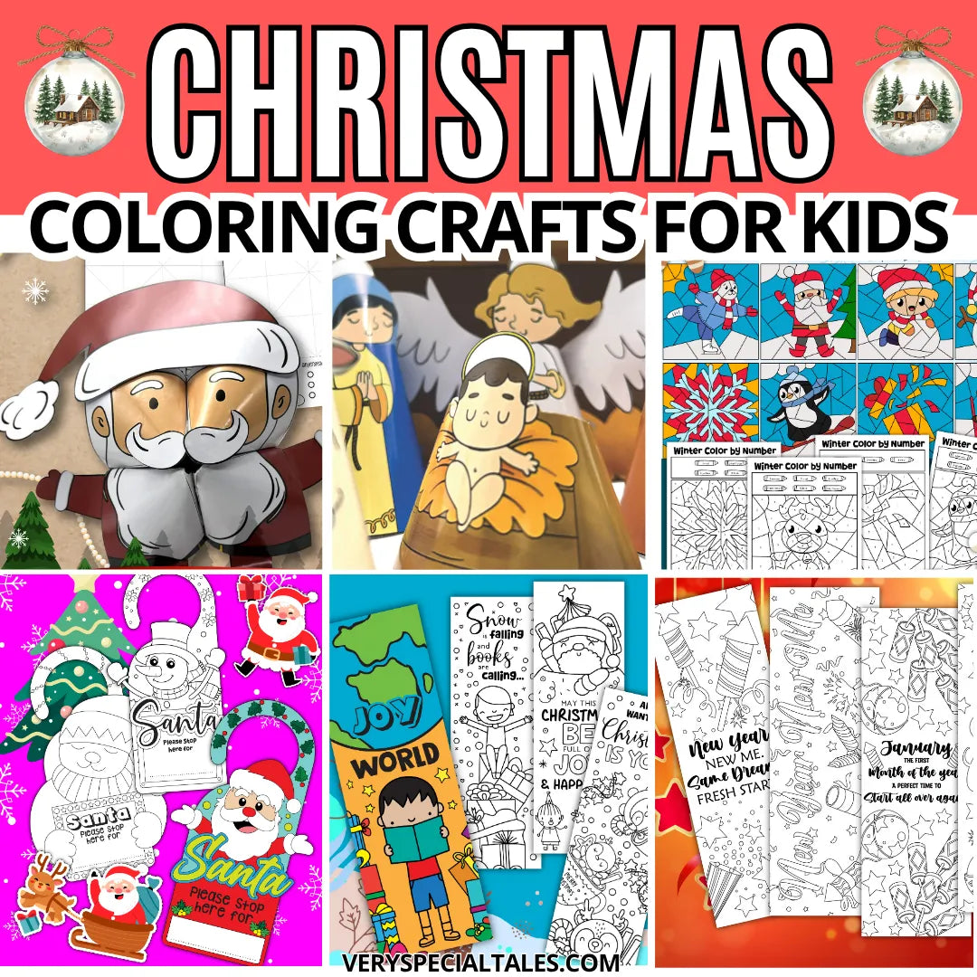 Collage of Christmas coloring crafts for kids with various activities: cootie catcher, nativity cones, color by number, Christmas door hangers, and bookmarks