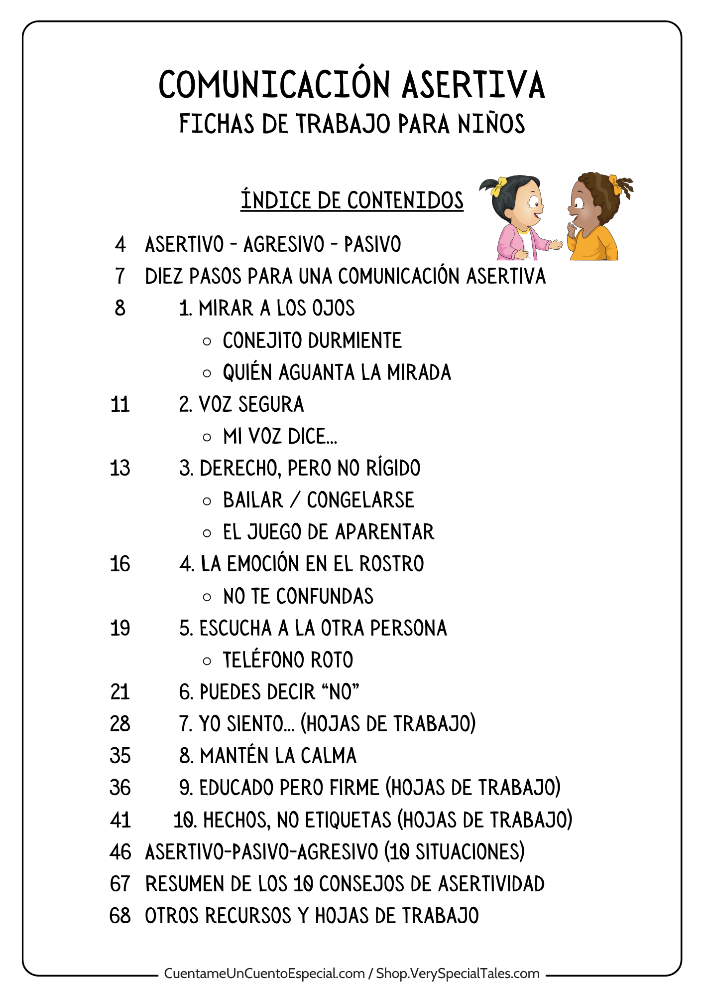 Indice de contenidos del cuaderno de comunicación asertiva para niños