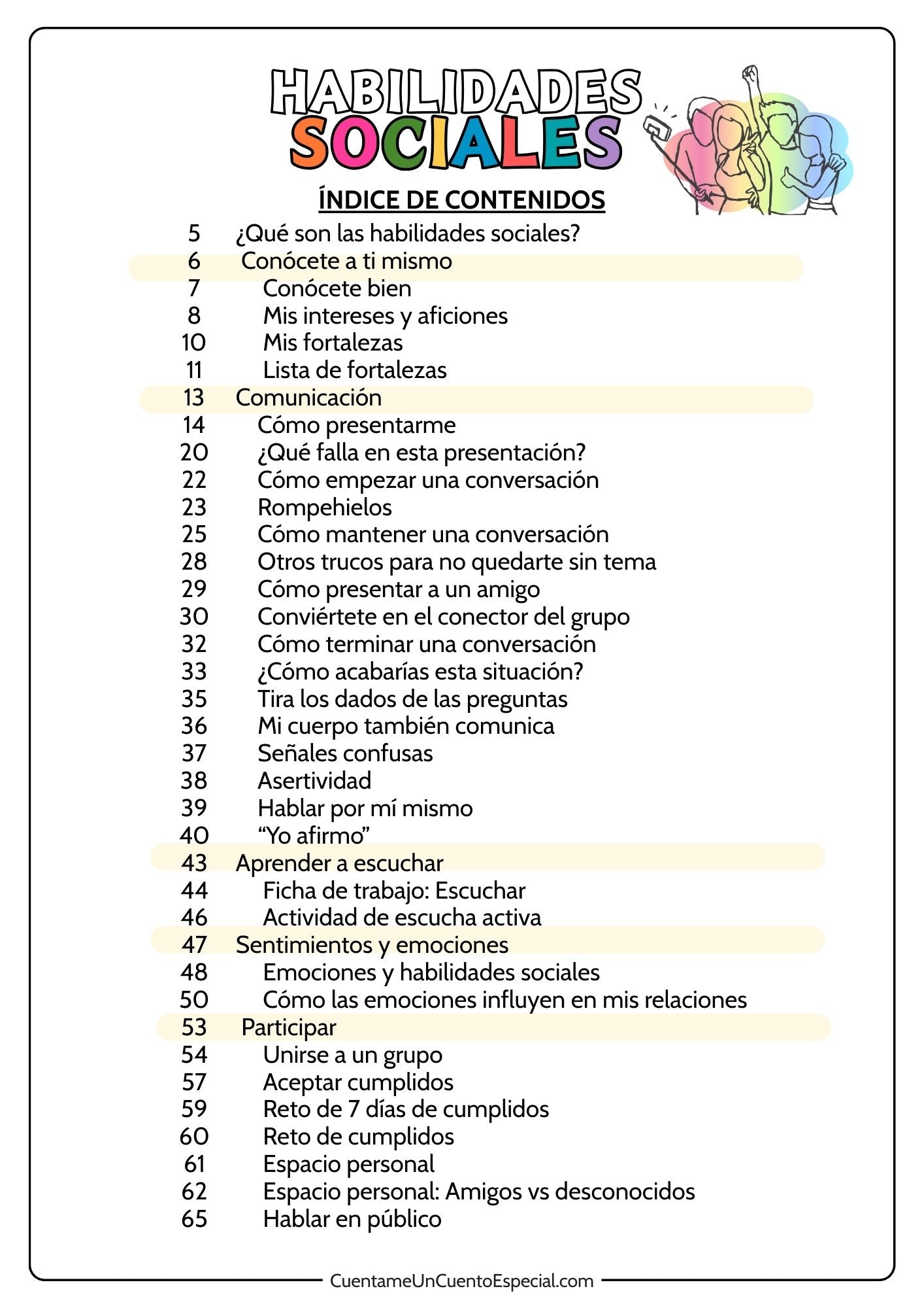 Pagina 1 del indice de contenidos del Cuaderno de Habilidades Sociales para Adolescentes
