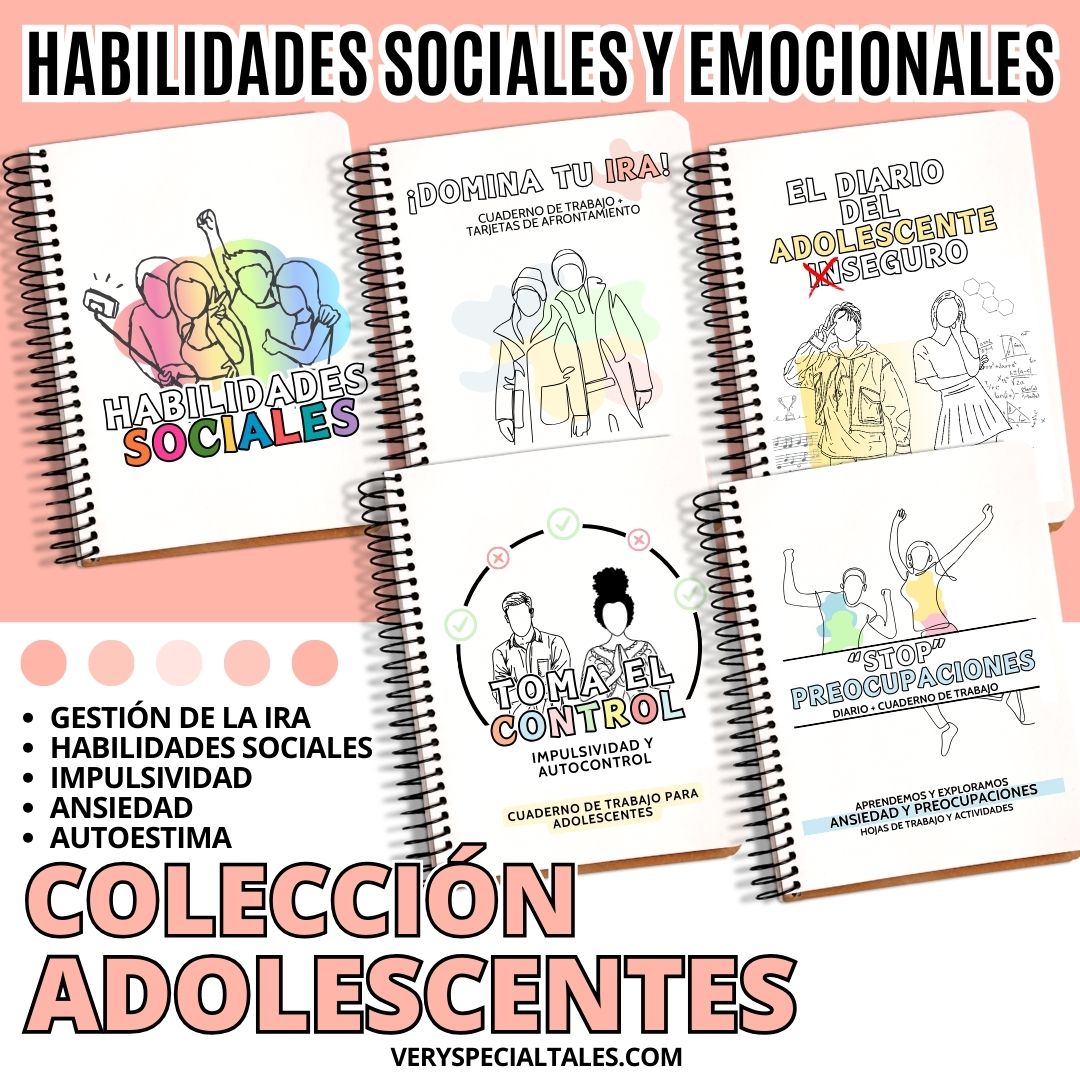 Colección de cuadernos sobre habilidades sociales y emocionales para adolescentes en formato PDF, que incluyen los siguientes temas: ira, autoestima, impulsividad, habilidades sociales y ansiedad