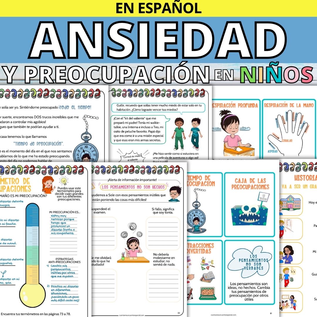 Ejemplos de hojas de trabajo y actividades del cuaderno para trabajar ansiedad y preocupación infantil, diario del niño tranquilo