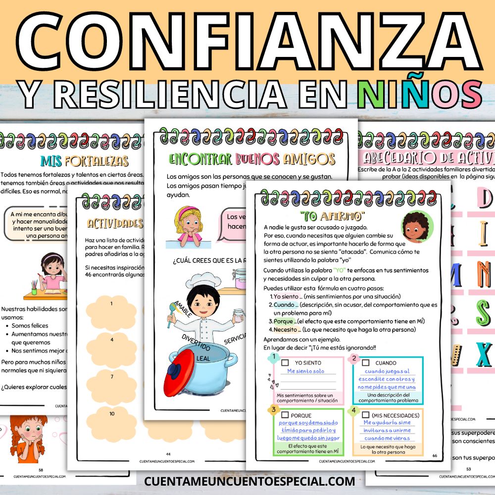 Ejemplos de hojas de trabajo y actividades del cuaderno de autoestima infantil.