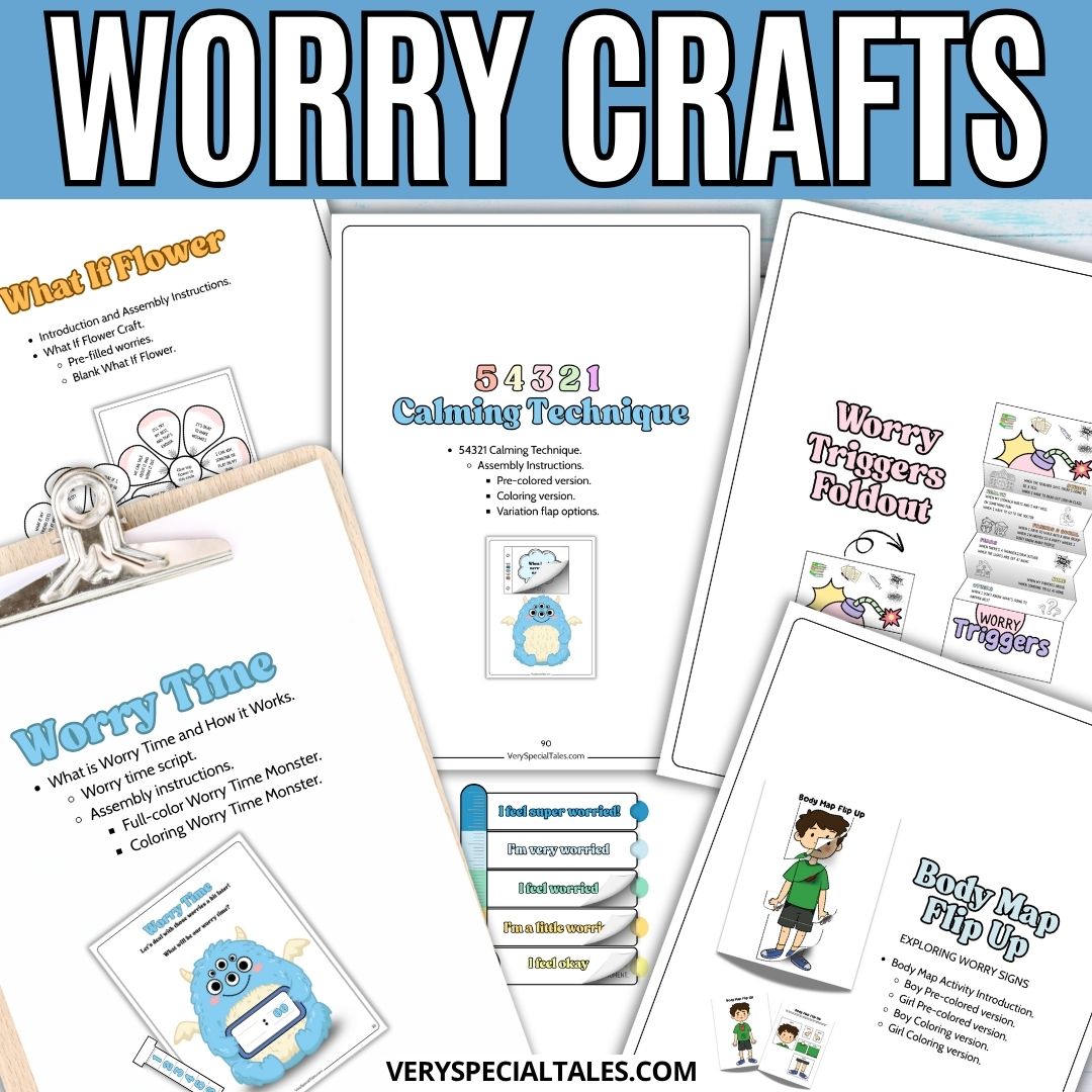 Collection of worry craft worksheets with various activities and illustrations on a blue background.