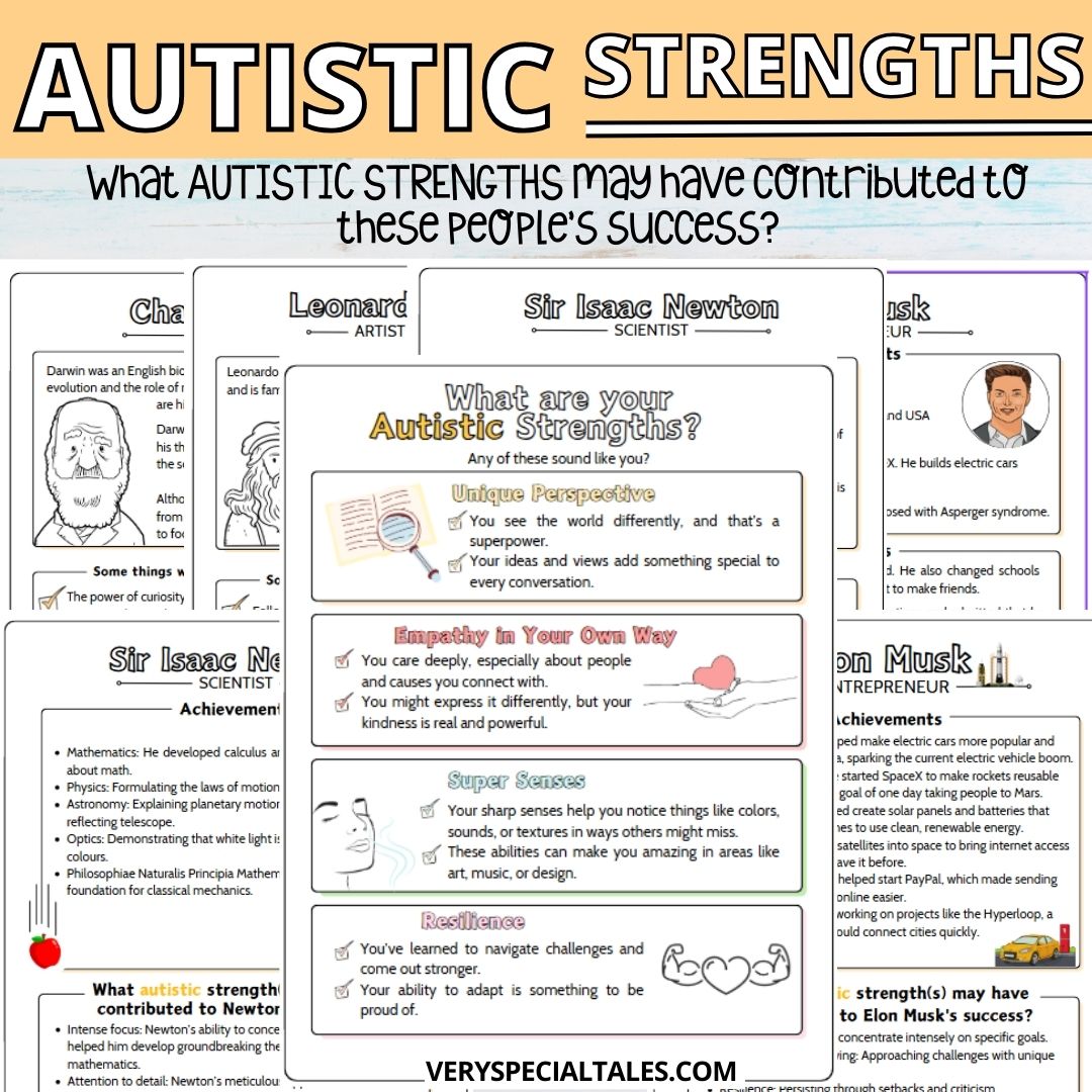 Autistic strengths worksheets with famous autistic people
