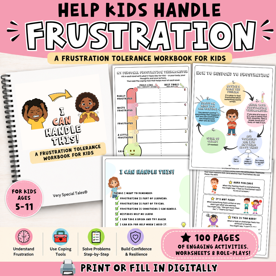 Printable workbook for kids on handling frustration showing colorful pages