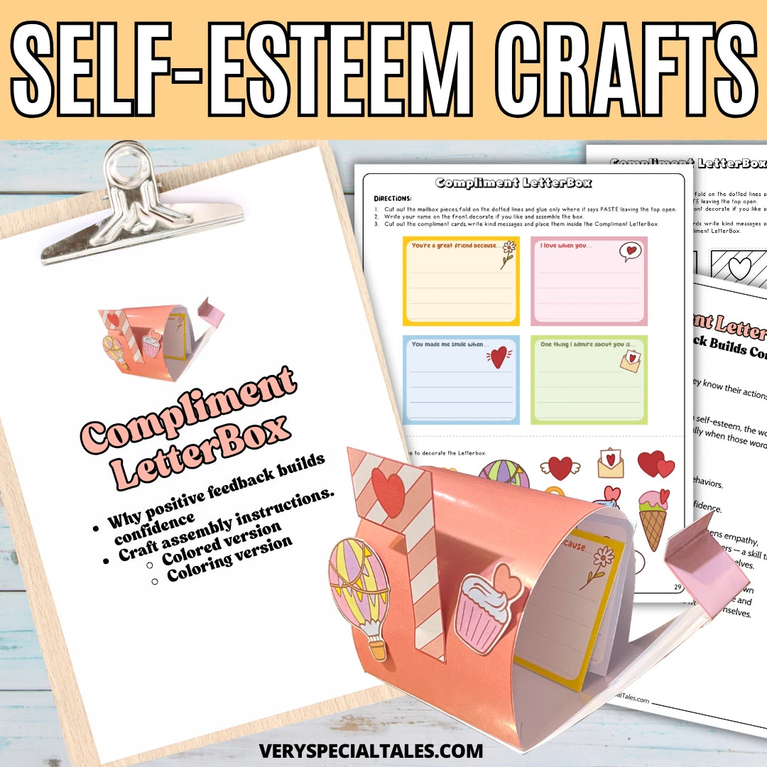 Self-esteem craft kit showing a paper "compliment letterbox" used to explore how to give and receive compliments