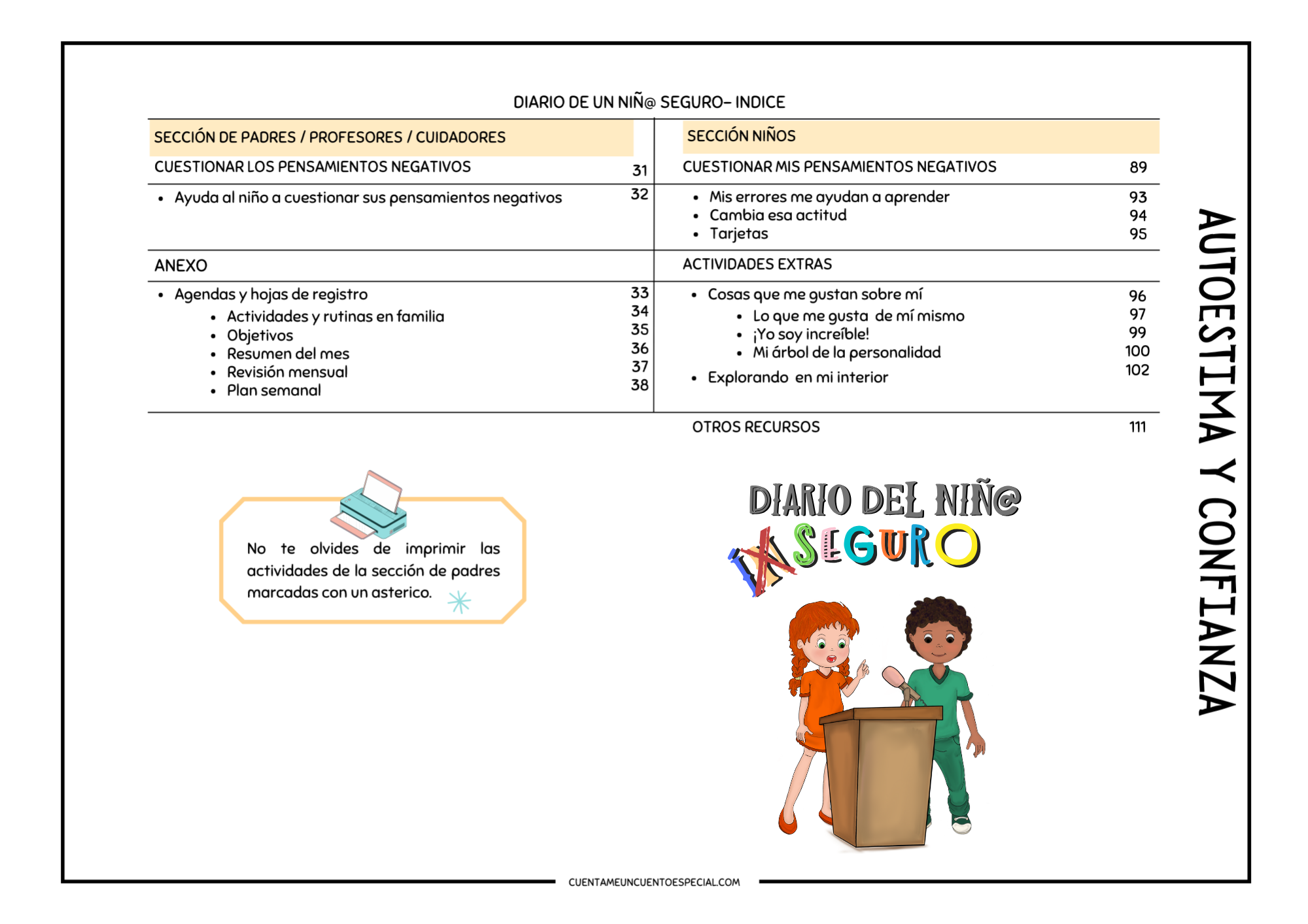 Indice del Cuaderno Autoestima para Niños pagina 2