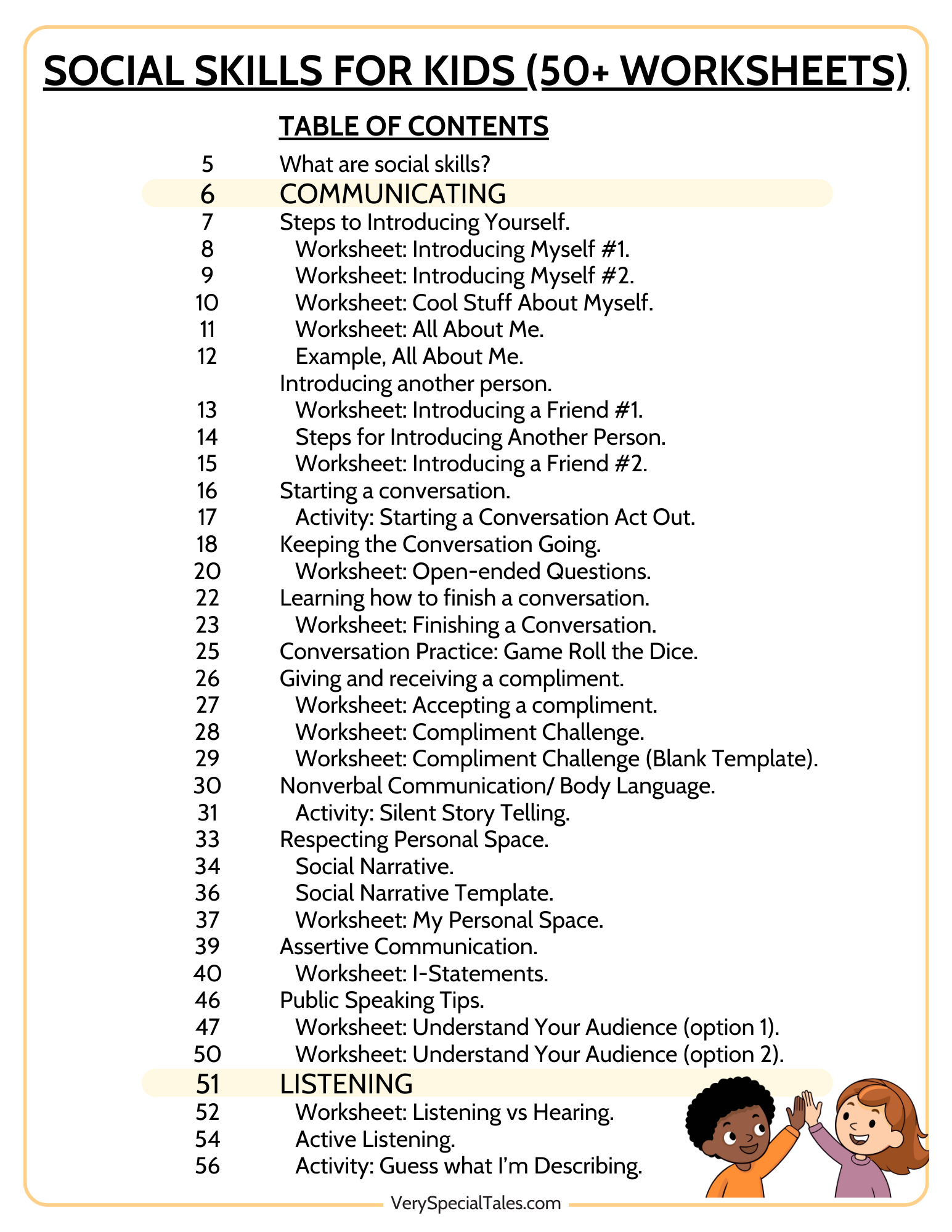Social Skills Workbook, page 1 of the table of contents