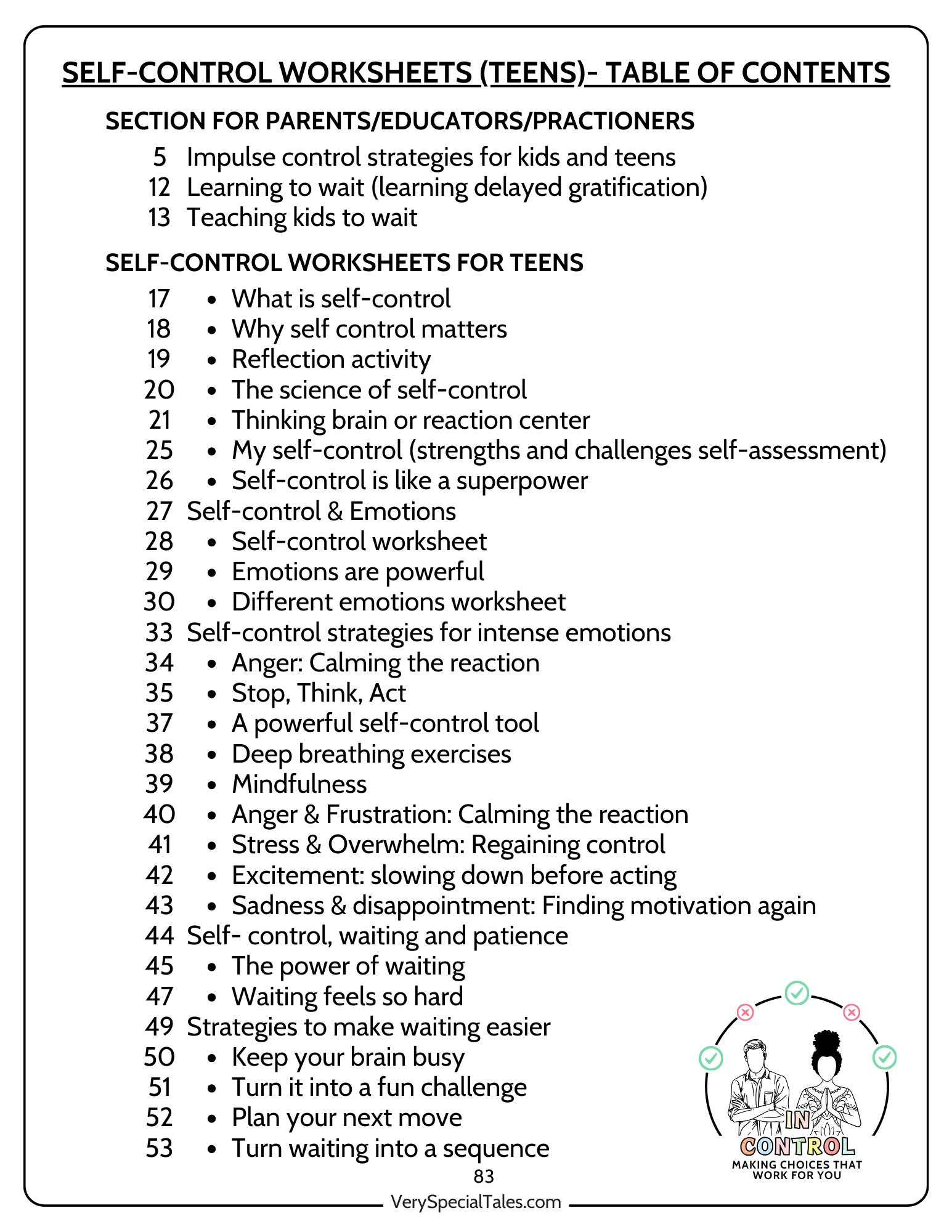 Self-Control Worksheets for Teens_Table of Contents_Page1