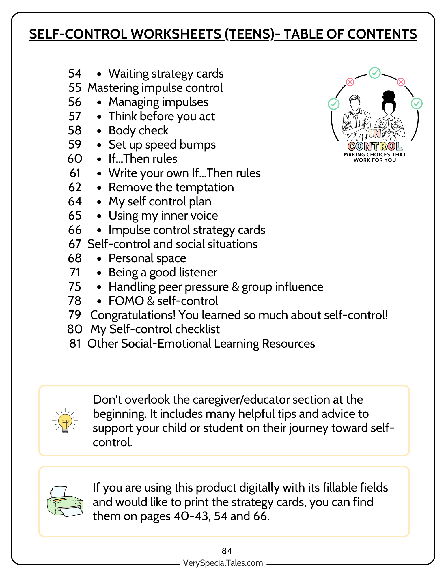 Self-Control Worksheets for Teens_Table of Contents_Page2
