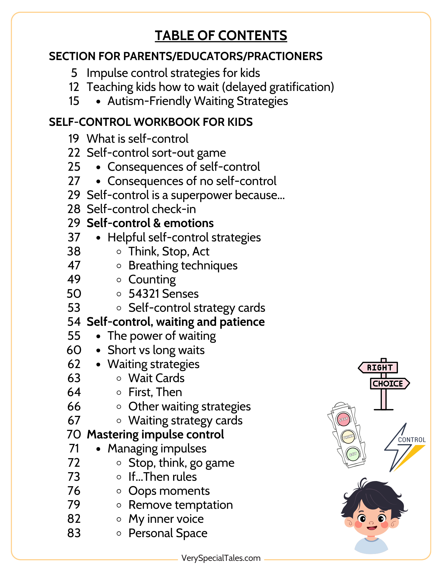 Table of Contents for the Self-Control Workbook for Kids (page 1)