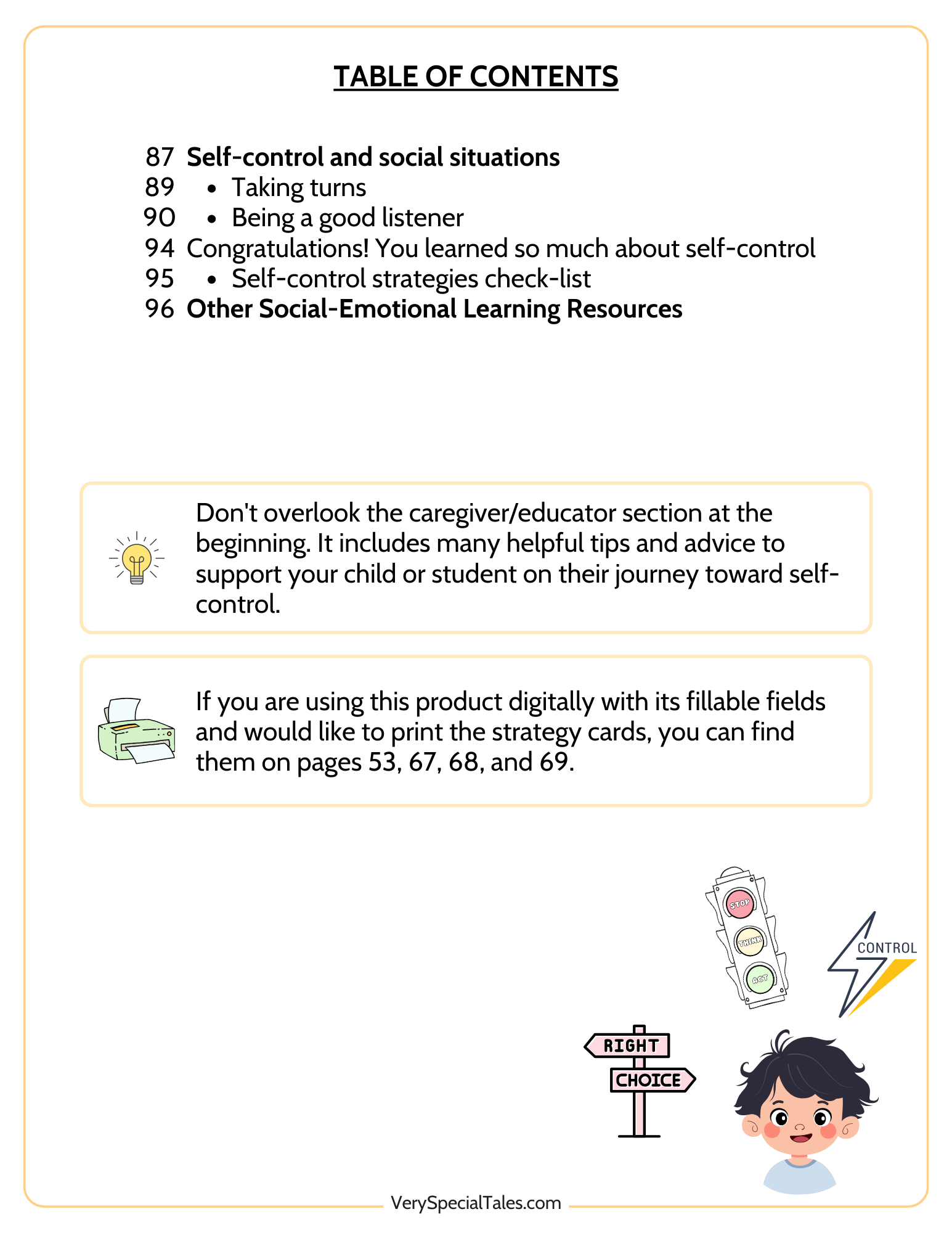 Table of Contents for the Self-Control Workbook for Kids (page 2)