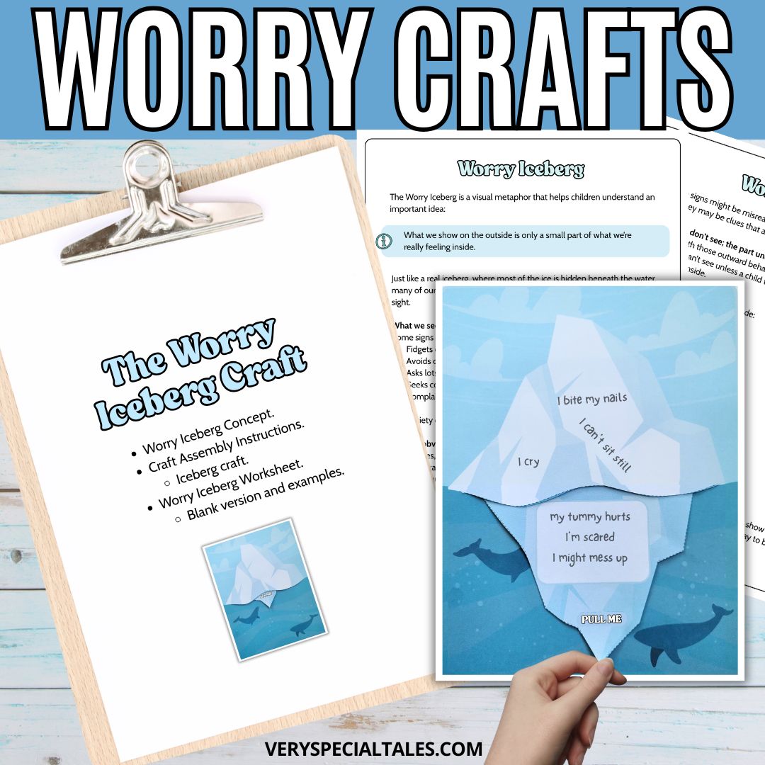 Worry Iceberg craft set with instructions and an assembled craft on a wooden surface.