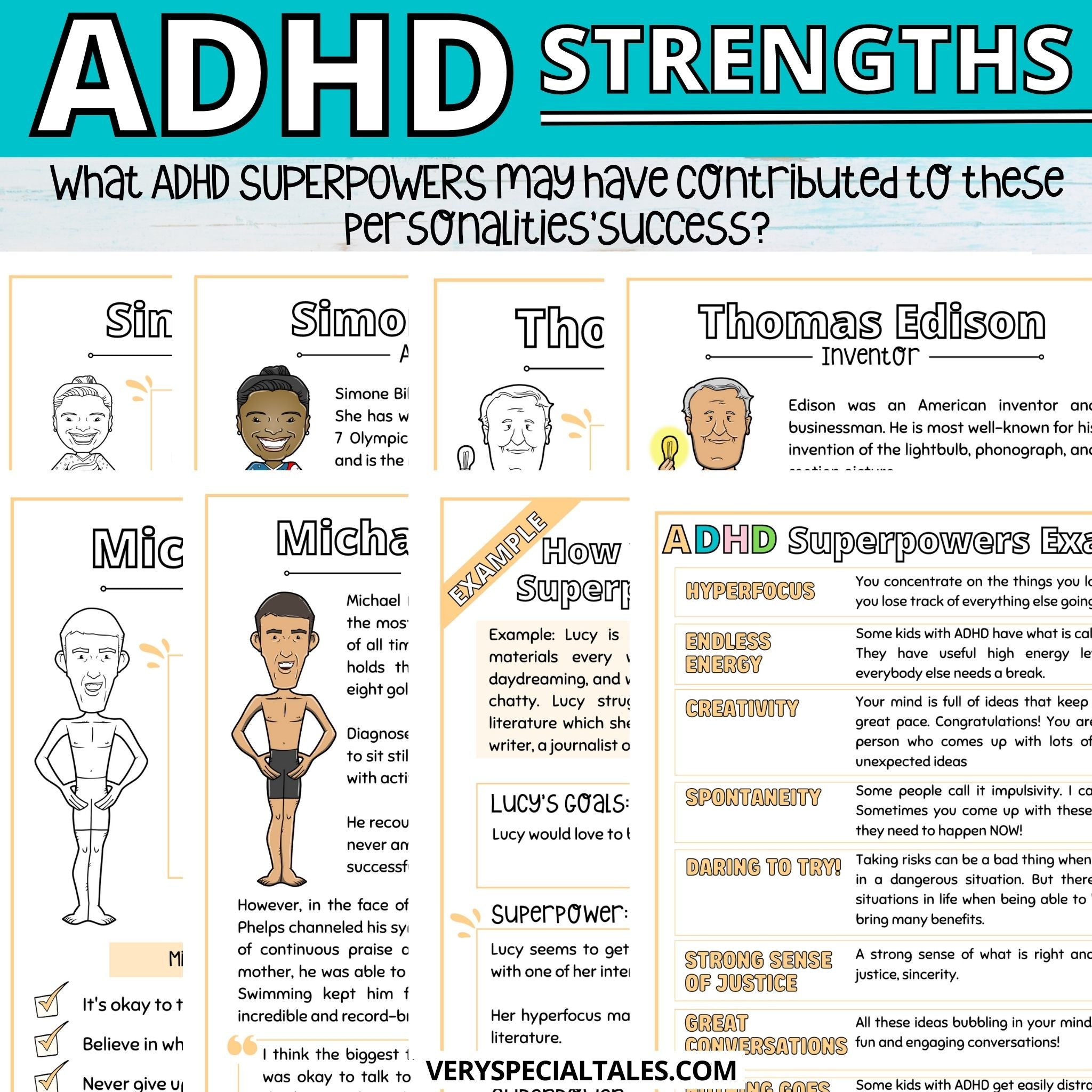8 worksheets from the ADHD Superpowers Worksheet containing facts about various famous people with ADHD, including Thomas Edison. Each worksheet comes with an illustration of the individual that children can colour in.