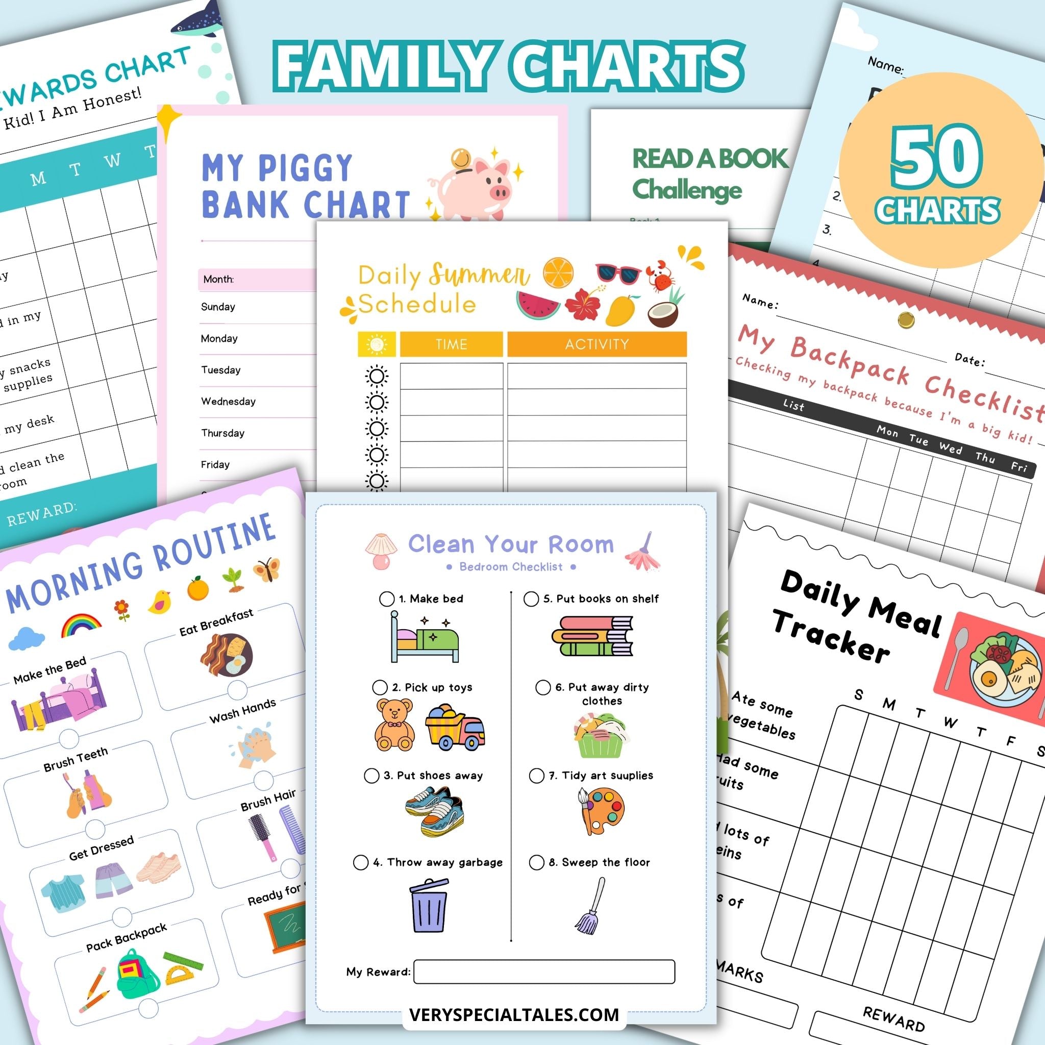 14 poster charts of various household chores, checklists and other organisational tasks for children, complete with playful illustrations, against a light blue background.