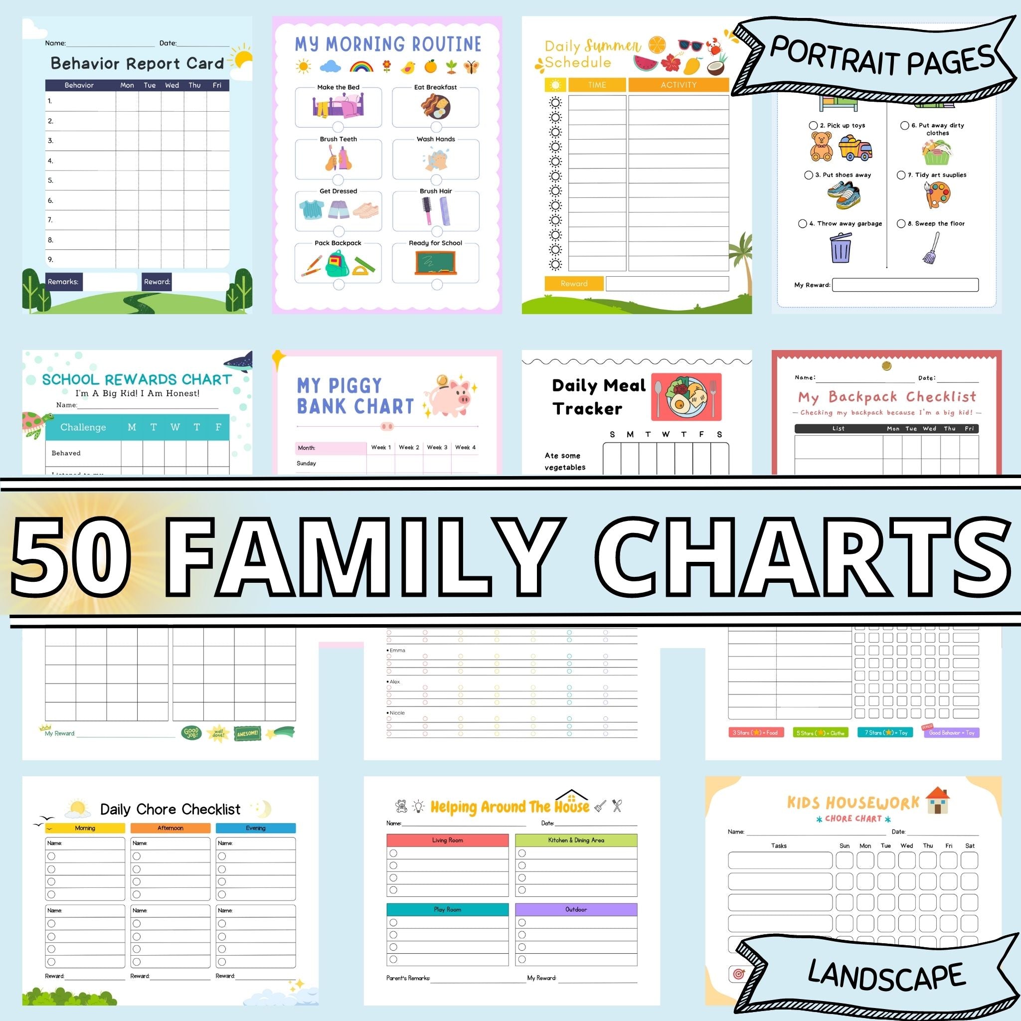 14 poster charts of various household chores, checklists and other organisational tasks for children, complete with playful illustrations, against a light blue background.