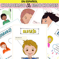 Ejemplos de hojas de trabajo del cuaderno de las emociones mostrando niños con distintas emociones