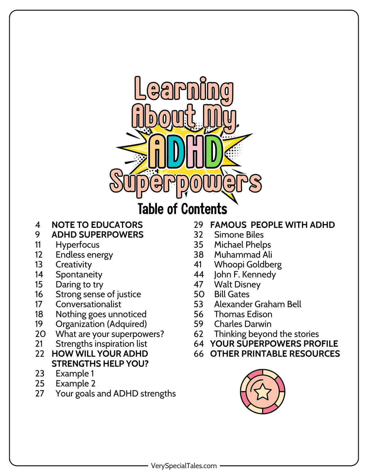 Table of contents for the workbook "Learning About my ADHD Superpowers" (ADHD Strengths)