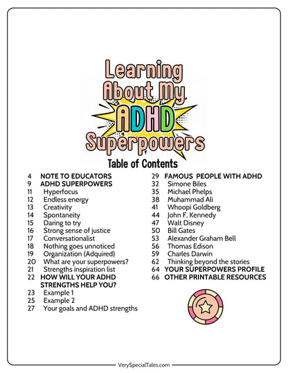 Table of contents for the workbook "Learning About my ADHD Superpowers" (ADHD Strengths)