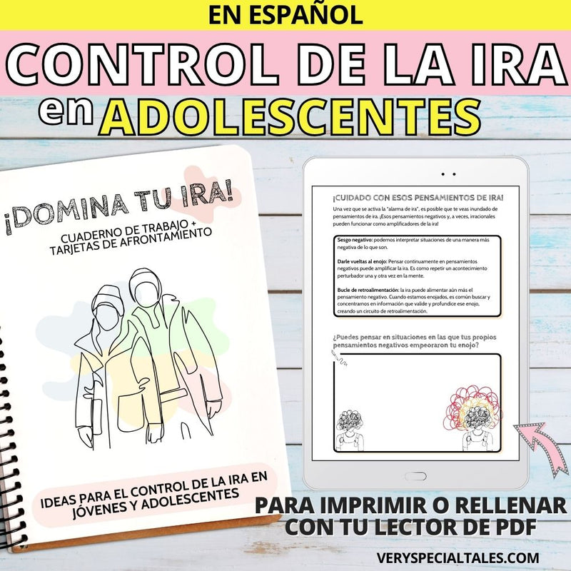 Portada del cuaderno "Domina tu Ira" para adolescentes y ejemplo de cuaderno en versión digital