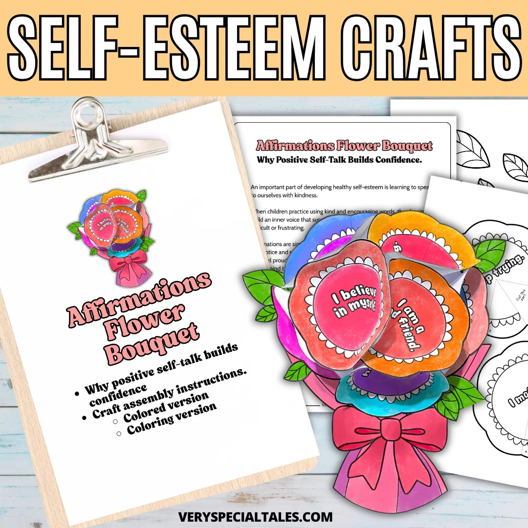 Self-esteem craft kit featuring an affirmation flower bouquet and assembly instructions, set on a wooden surface.