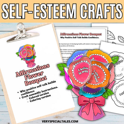 Self-esteem craft kit featuring an affirmation flower bouquet and assembly instructions, set on a wooden surface.
