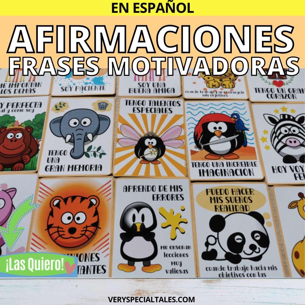 Ejemplos de tarjetas de afirmaciones positivas para niños mostrando ilustraciones de animales