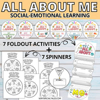 Educational materials for social-emotional learning with foldout activities and spinners on a wooden background.