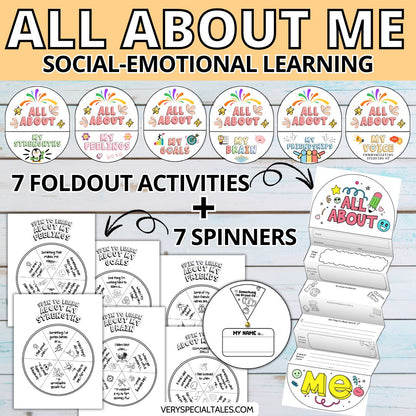 Educational materials for social-emotional learning with foldout activities and spinners on a wooden background.