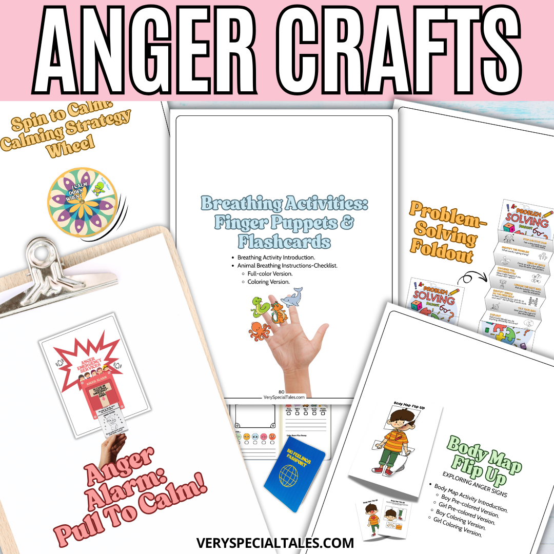 Collection of anger management resources, including different paper craft activities such as a calming wheel, finger paper puppets, and an anger signs body map flip-up.