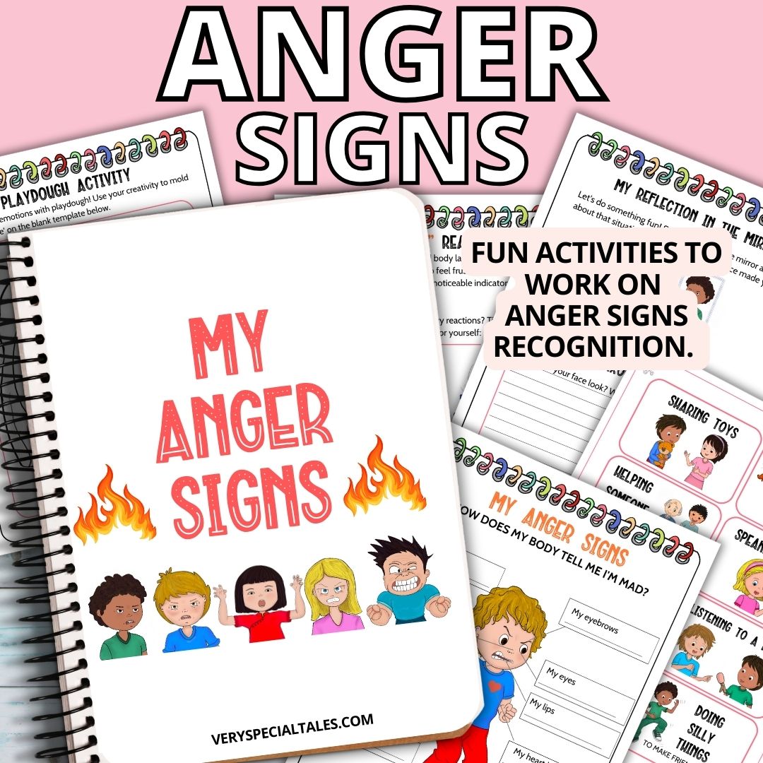 Notebook containing illustrations of angry children, with worksheets containing prompts and activities to help manage anger in children.
