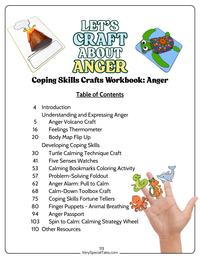 Table of contents for a coping skills crafts workbook titled 'Let's Craft About Anger' with illustrations and a hand holding finger puppets.