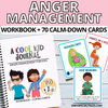 An anger management workbook for kids on a white wooden background contains playfull illustrations depicting childrens' calm-down cards.