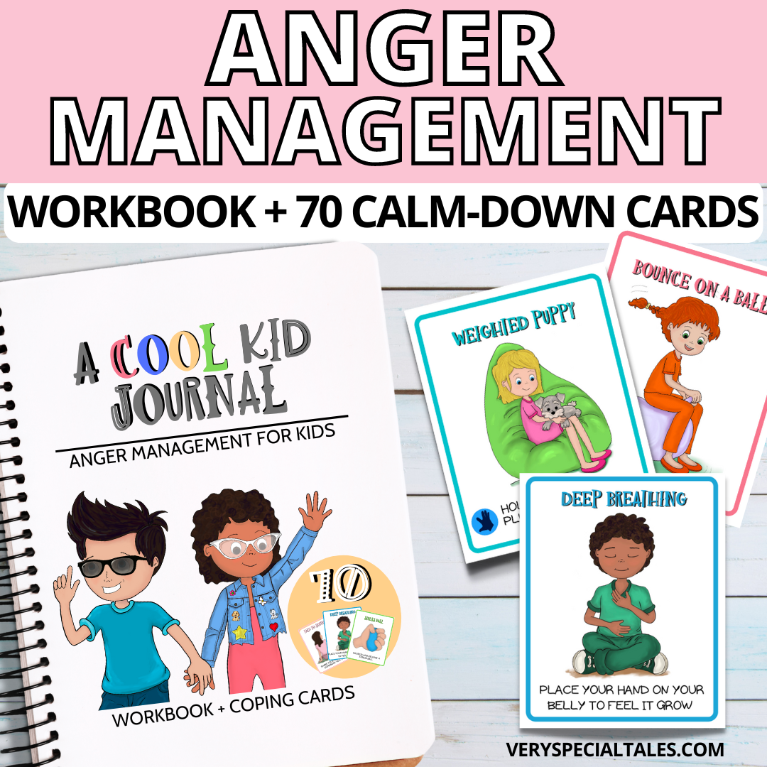 An anger management workbook for kids on a white wooden background contains playfull illustrations depicting childrens' calm-down cards.