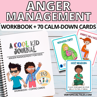 An anger management workbook for kids on a white wooden background contains playfull illustrations depicting childrens' calm-down cards.