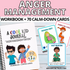 An anger management workbook for kids on a white wooden background contains playfull illustrations depicting childrens&