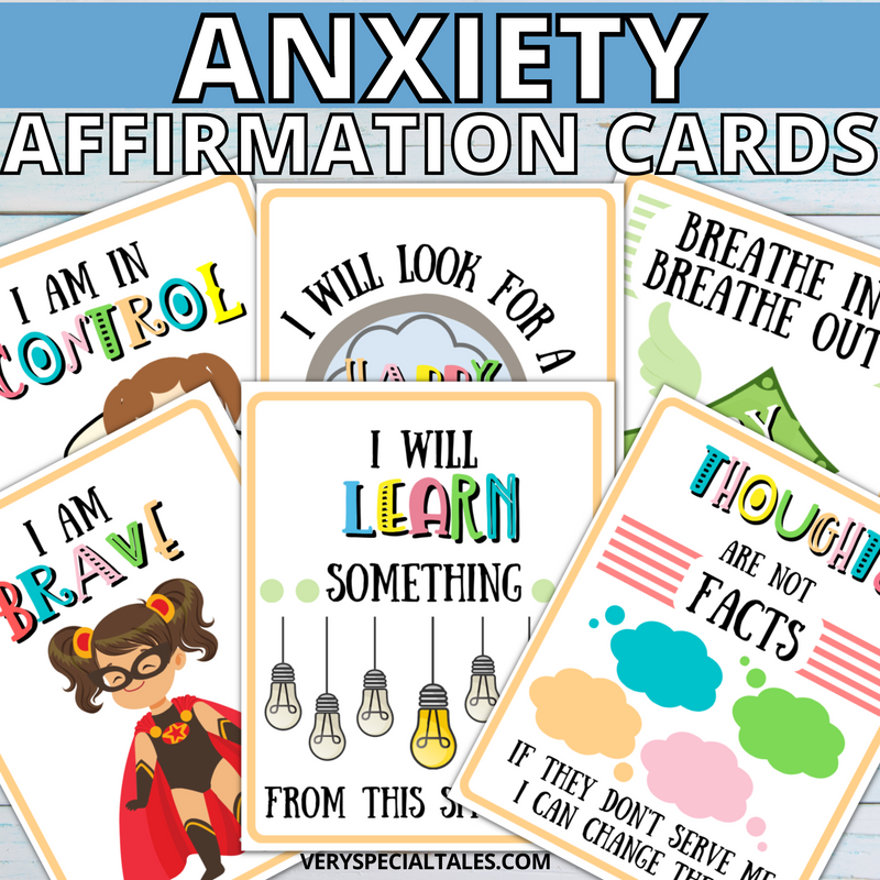 Examples of anxiety affirmation cards for kids, containing playful illustrations and affirmations.