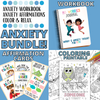Affirmation Cards, Anxiety Workbook and Affirmation Colouring Pages, all containing playful illustrations for kids, against a soft blue background.