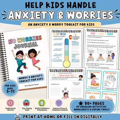 Anxiety &amp; Worry Workbook for Kids shop listing featuring a printable anxiety toolkit with over 80 pages of activities and worksheets. The image shows the workbook cover alongside sample pages, including a worry thermometer, worry box, thoughts are not facts worksheet, and star breathing exercise. Icons highlight learning goals such as understanding worries, building coping skills, confidence, and emotional regulation for children ages 5–11.