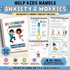 Anxiety & Worry Workbook for Kids shop listing featuring a printable anxiety toolkit with over 80 pages of activities and worksheets. The image shows the workbook cover alongside sample pages, including a worry thermometer, worry box, thoughts are not facts worksheet, and star breathing exercise. Icons highlight learning goals such as understanding worries, building coping skills, confidence, and emotional regulation for children ages 5–11.