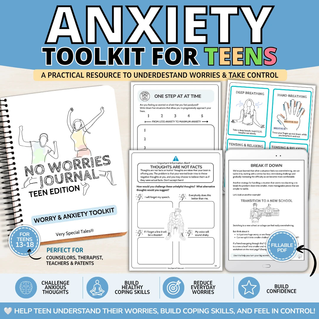 Anxiety Toolkit for Teens printable workbook listing featuring the No Worries Journal Teen Edition. The image shows the workbook cover alongside sample worksheets on challenging anxious thoughts, breaking worries into manageable steps, and breathing exercises, plus a fillable PDF preview. Designed for teens ages 13–18, the resource helps build healthy coping skills, reduce everyday worries, and increase confidence.