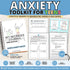 Anxiety Toolkit for Teens printable workbook listing featuring the No Worries Journal Teen Edition. The image shows the workbook cover alongside sample worksheets on challenging anxious thoughts, breaking worries into manageable steps, and breathing exercises, plus a fillable PDF preview. Designed for teens ages 13–18, the resource helps build healthy coping skills, reduce everyday worries, and increase confidence.