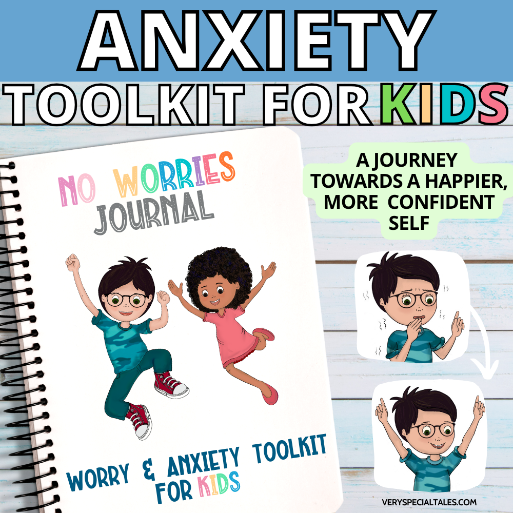 A notebook placed on a white wooden backdrop contains illustrations of children jumping happily, with the words 'Anxiety Toolkit for Kids' above.