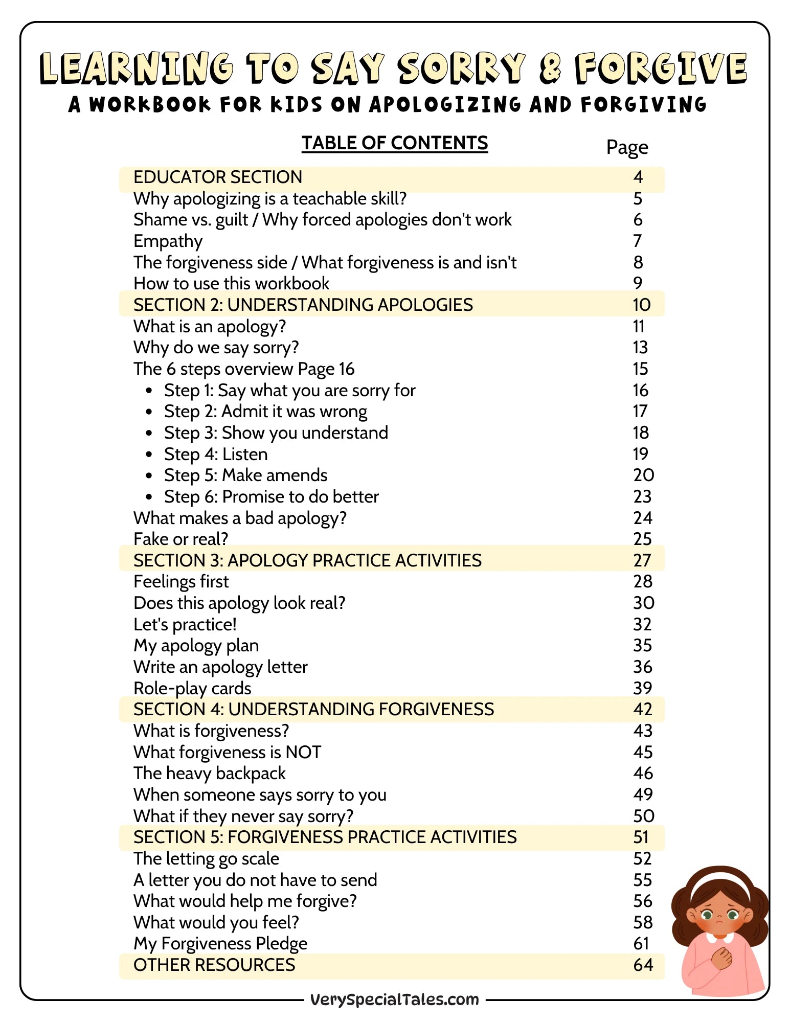 Table of contents for a workbook on apologizing and forgiving for kids, with a focus on understanding apologies and forgiveness. and practice activities