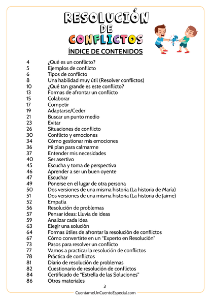 Índice de contenidos del cuaderno de resolución de conflictos para niños