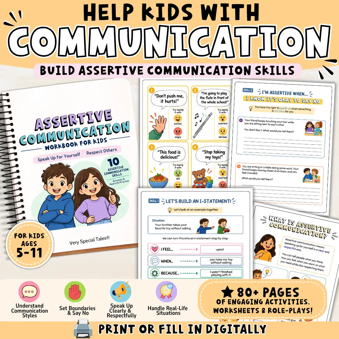 Assertive Communication Workbook for Kids featuring 80+ pages of activities, worksheets, and real-life practice to help kids ages 5–11 speak up clearly, set boundaries, and build assertive communication skills.