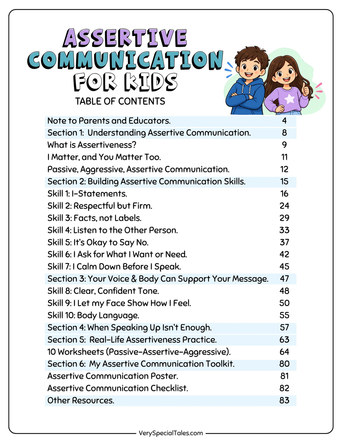Table of contents for the Assertive Communication Workbook for Kids 