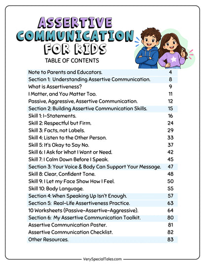 Table of contents for the Assertive Communication Workbook for Kids 