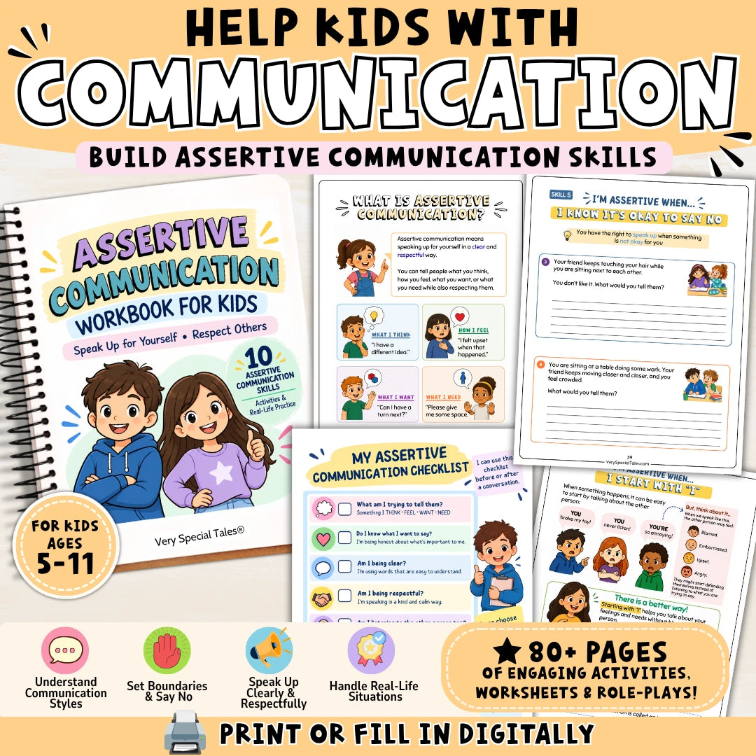 Assertive Communication Workbook for Kids featuring 80+ pages of activities, worksheets, and real-life practice to help kids ages 5–11 speak up clearly, set boundaries, and build assertive communication skills.